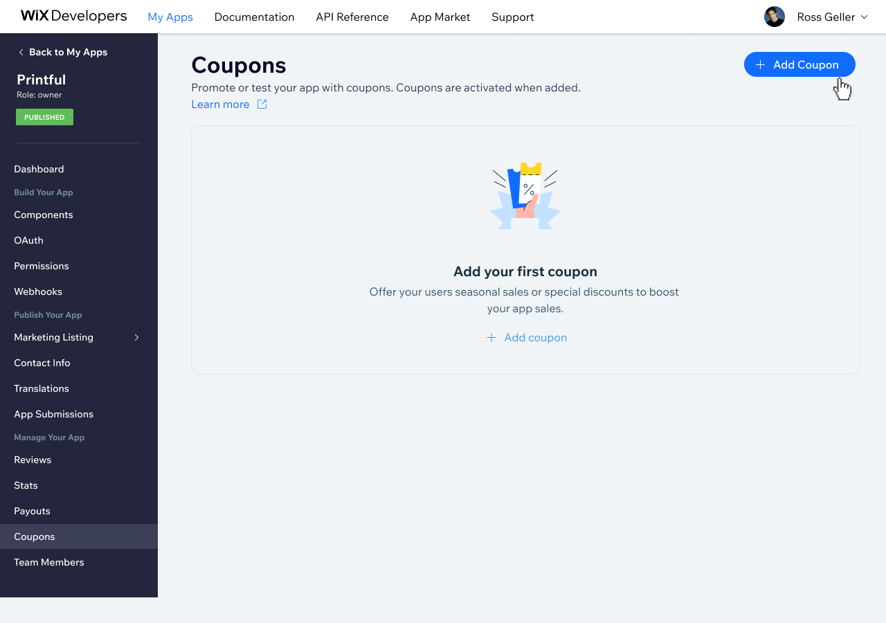Coupons empty state — first-time view prompting developers to add their first coupon