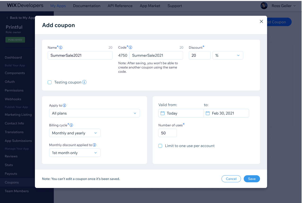 Coupon creation modal — fields for name, code, discount type, plan eligibility, date range, and usage limits