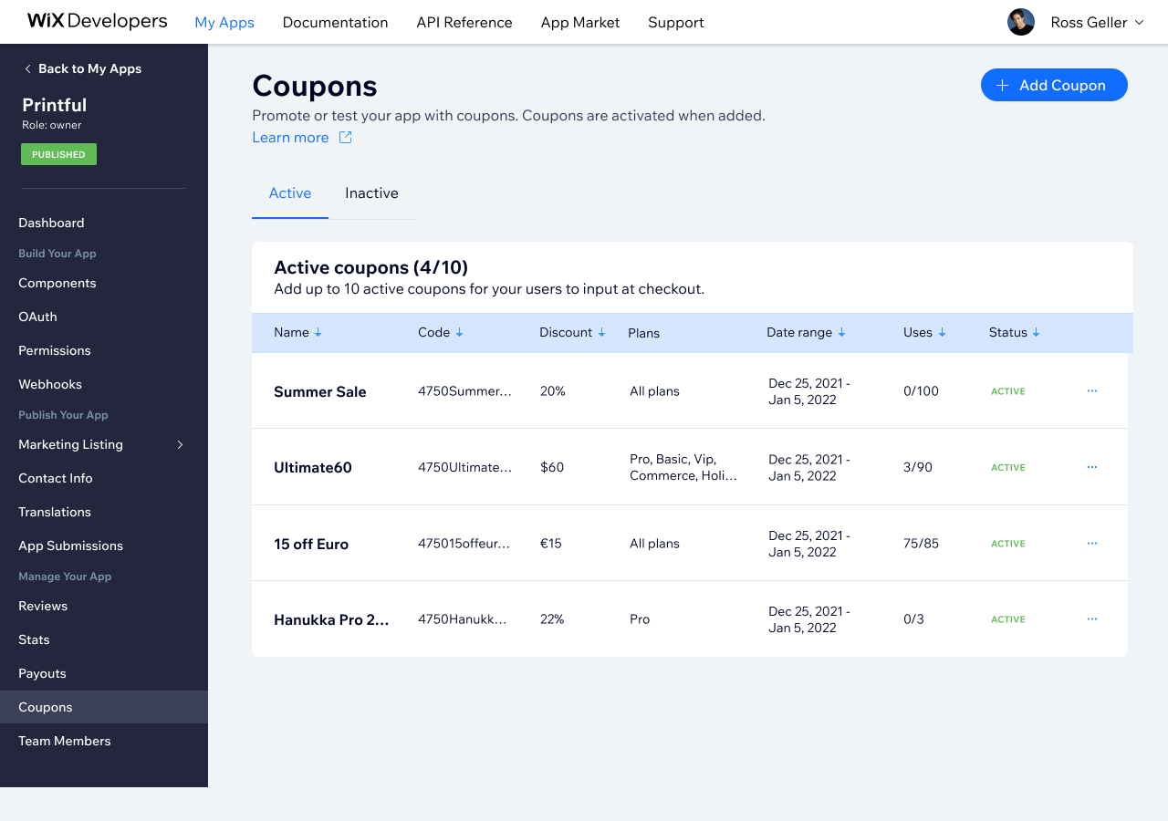 Active coupons list — each coupon’s code, discount, plan scope, date range, usage count, and live status