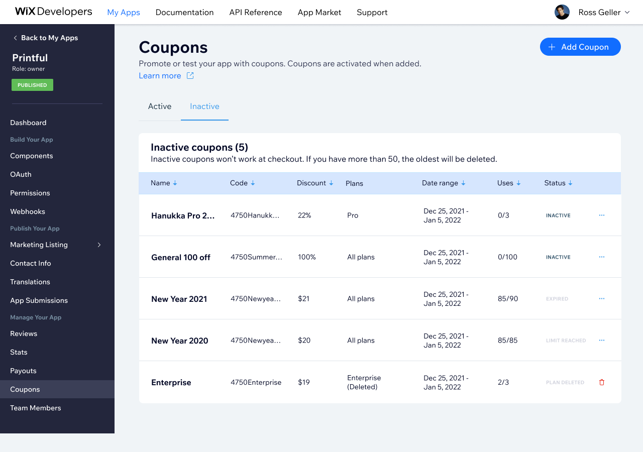 Inactive coupons tab — expired and limit-reached coupons with status flags like Expired, Limit Reached, and Plan Deleted